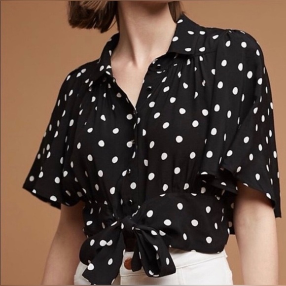Anthropologie-Maeve-Canna-Polka Dot-Crop Top-Black & White-Flowy Sleeves-Size 2 - Picture 2 of 15